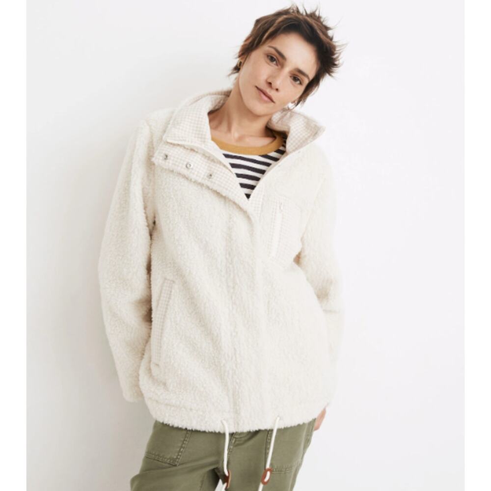 Madewell (Re)sourced Sherpa Zip Up Teddy Jacket Faux Fur Plaid Lined White